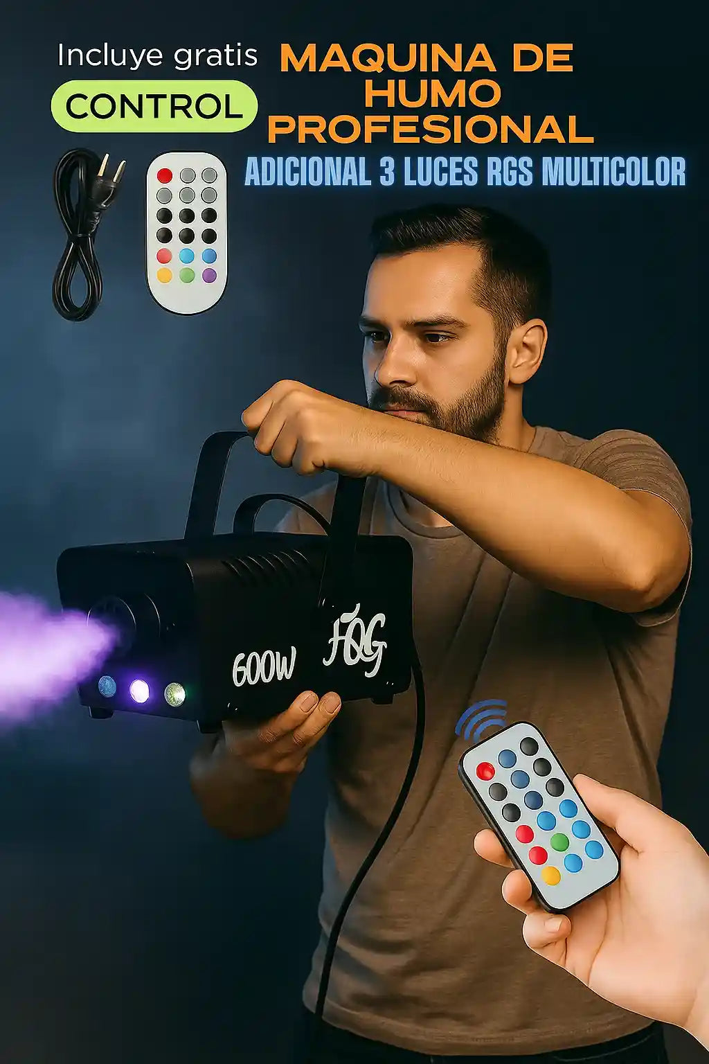 MAQUINA DE HUMO DE 600W POTENCIA CON SHOW DE LUCES PRO