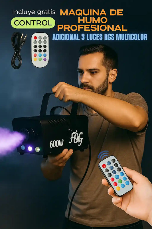 MAQUINA DE HUMO DE 600W POTENCIA CON  SHOW DE LUCES PRO